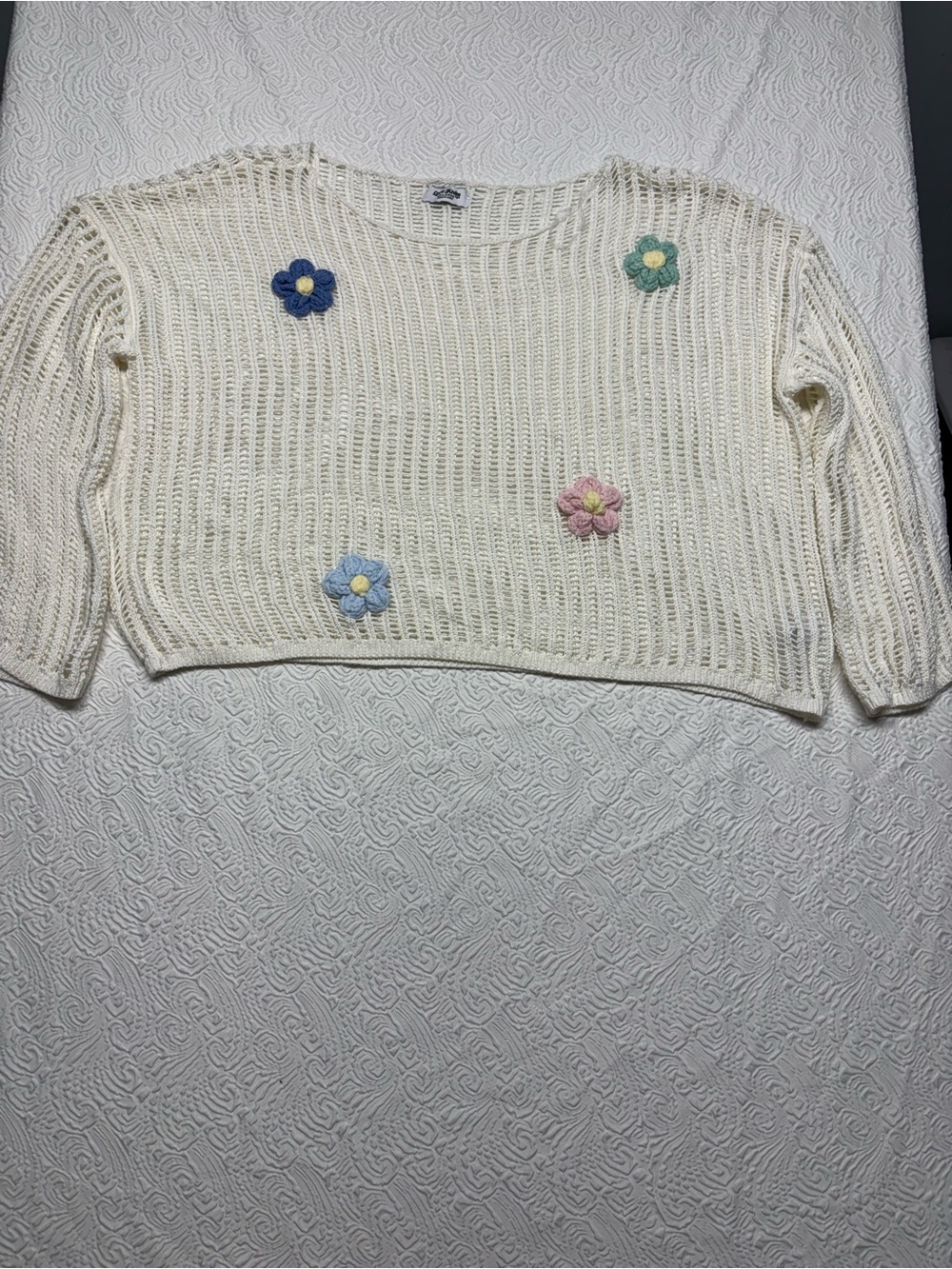 Cream Crochet Floral Appliqué Scoop Neck Sweater